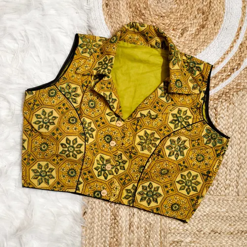 Natural Dye Ajrakh Collar Neck Blouse with Wooden Button